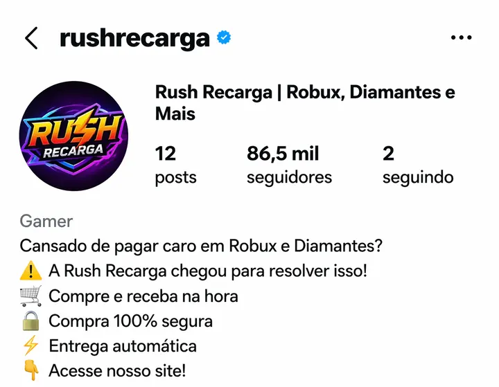 Perfil @rushrecarga no Instagram com 86,5 mil seguidores